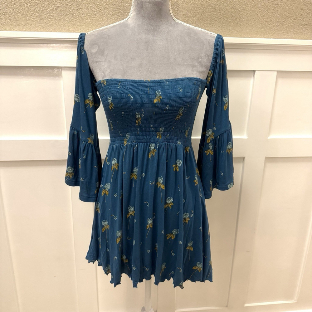 Free People Lana Tunic Top Blouse Size:S Off Shoulder Blue Floral Smocked Teal - Picture 6 of 12